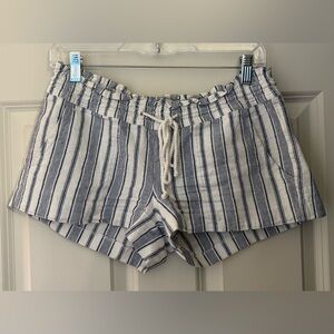 Y2K Roxy Low Rise Cotton/Linen Soft Drawcord Shorts, Blue/White Stripe, S
